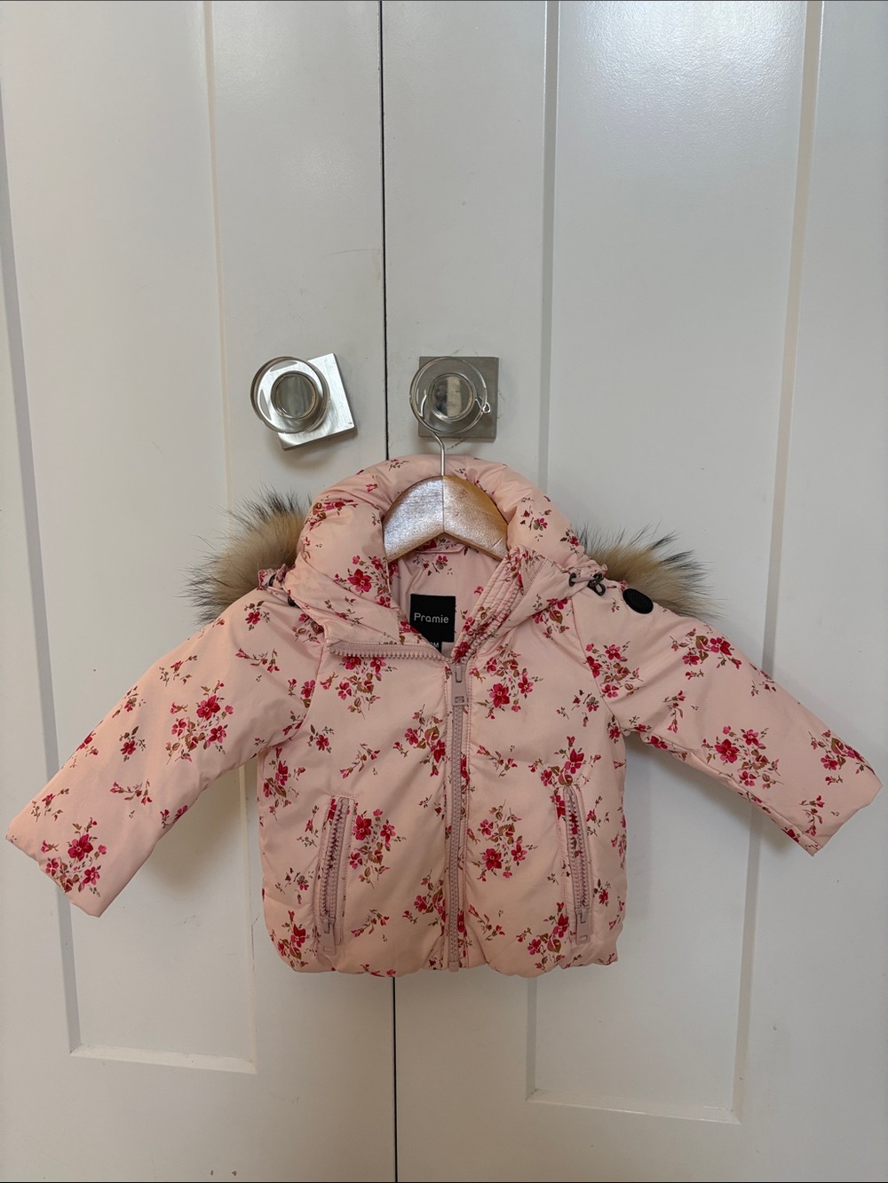 Girls' Pink Floral Puffer Jacket with Fur-Trim Hood